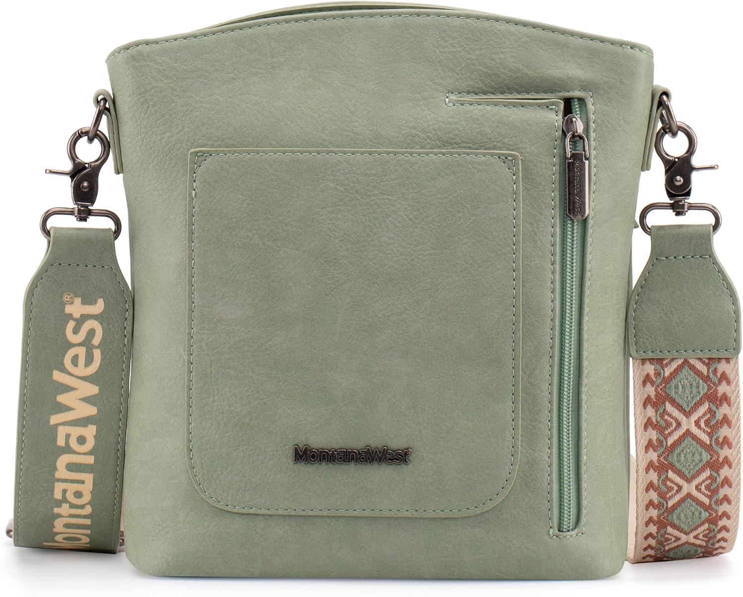 imageMontana West Multi Zip Pocket Large Crossbody Bag With Guitar StrapClassic Green