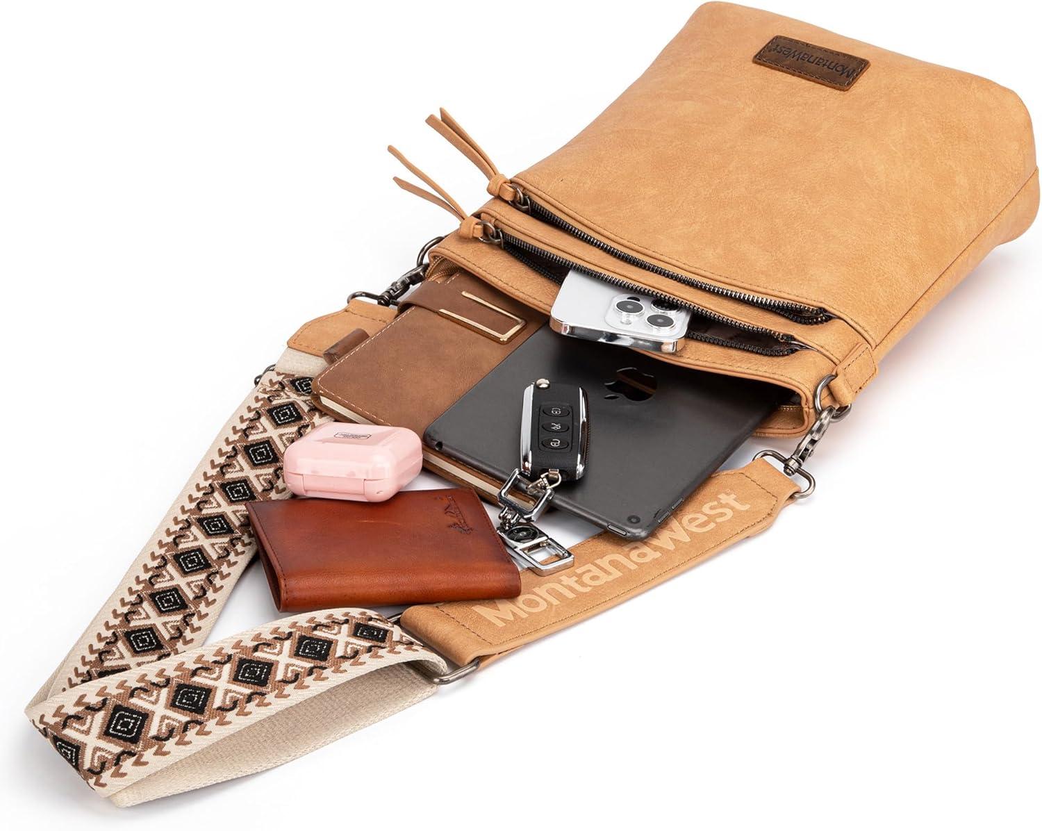 imageMontana West Multi Zip Pocket Large Crossbody Bag With Guitar StrapClassic Tan