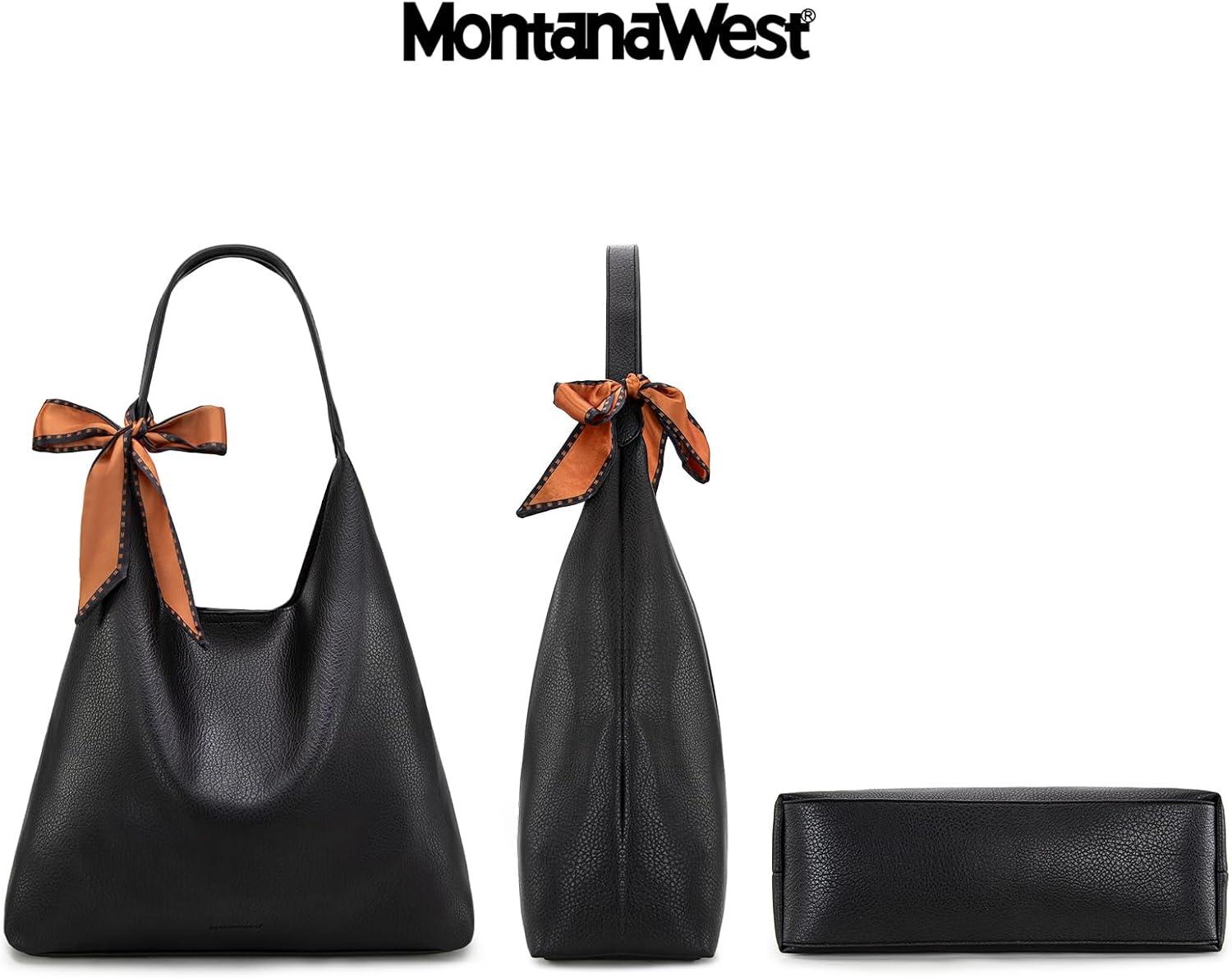 imageMontana West Slouchy Hobo Bag for Women Shoulder Purses and Handbags with ScarfJet Black