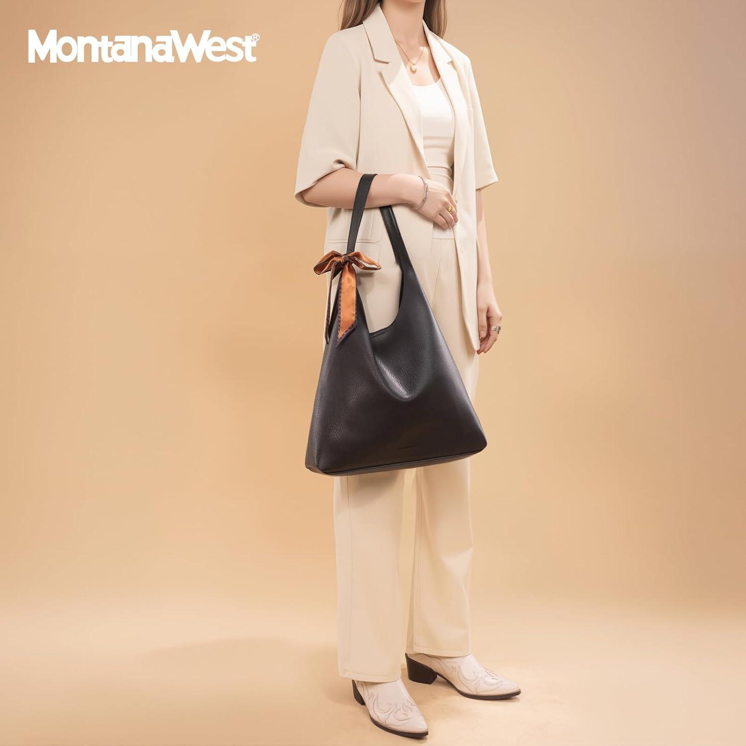 imageMontana West Slouchy Hobo Bag for Women Shoulder Purses and Handbags with ScarfJet Black