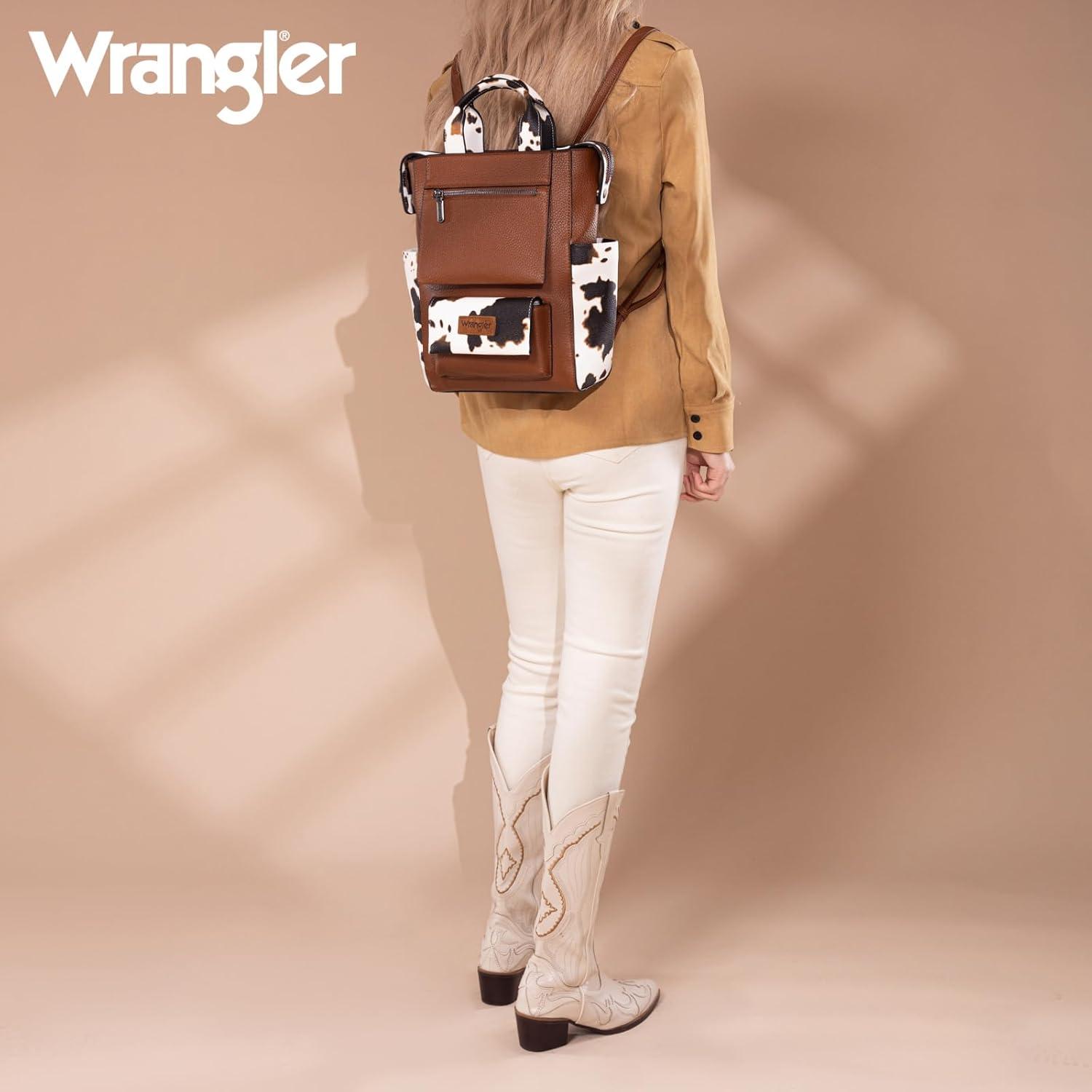 imageMontana West Wrangler Cow Print Backpack Purse for Women Vegan Leather Ladies Convertible Backpack Stylish Anti Theft Backpack with Adjustable StrapA Classic Browncow Print