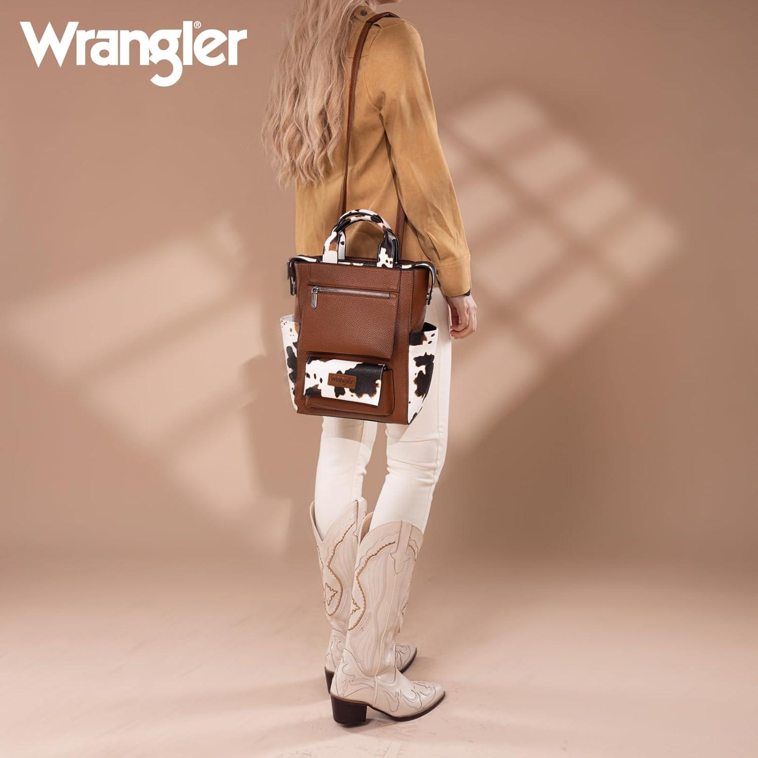 imageMontana West Wrangler Cow Print Backpack Purse for Women Vegan Leather Ladies Convertible Backpack Stylish Anti Theft Backpack with Adjustable StrapA Classic Browncow Print
