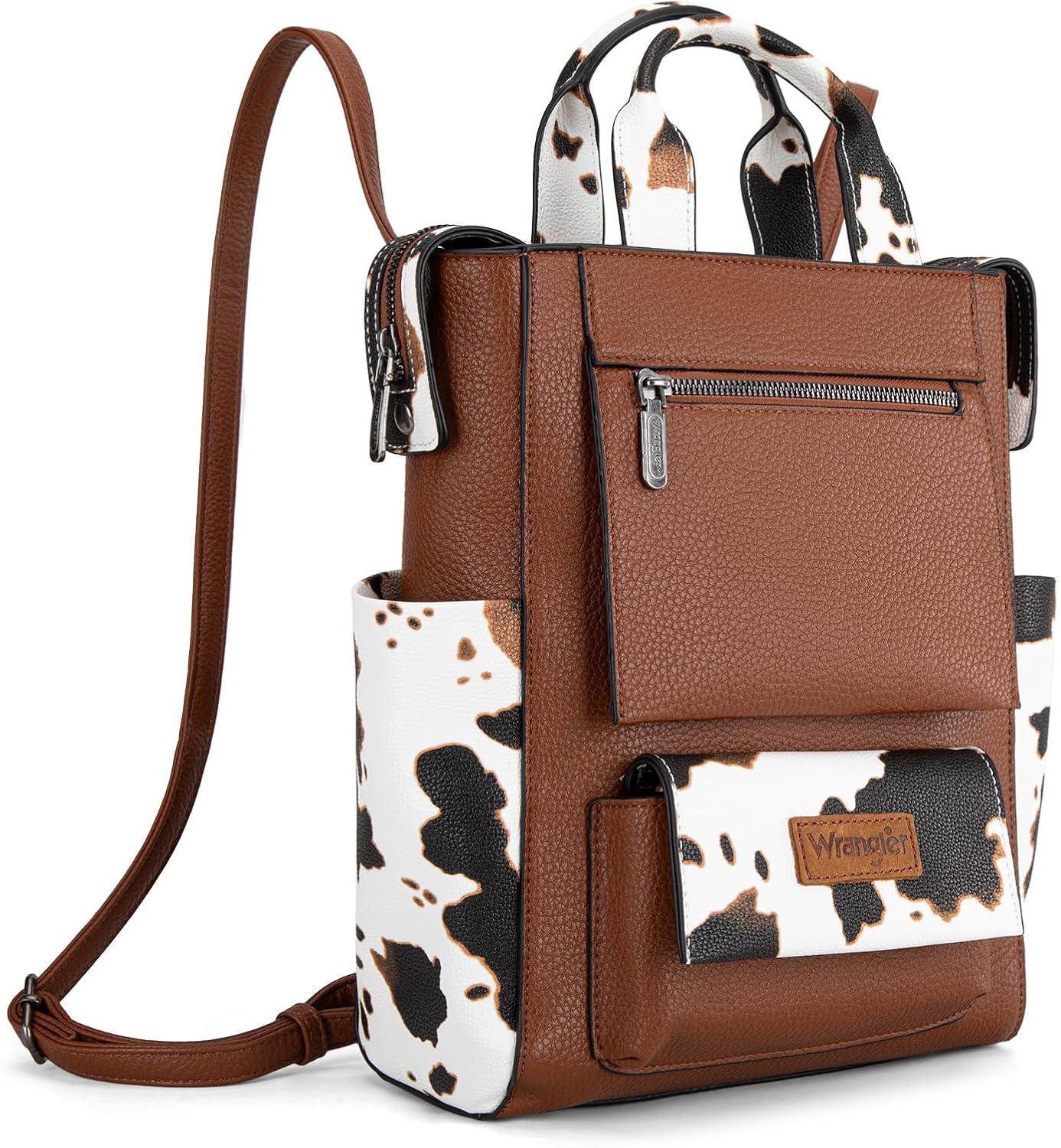 imageMontana West Wrangler Cow Print Backpack Purse for Women Vegan Leather Ladies Convertible Backpack Stylish Anti Theft Backpack with Adjustable StrapA Classic Browncow Print