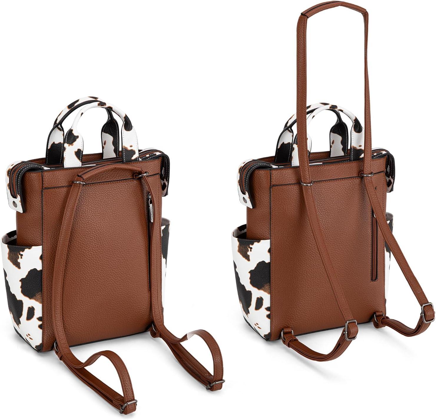 imageMontana West Wrangler Cow Print Backpack Purse for Women Vegan Leather Ladies Convertible Backpack Stylish Anti Theft Backpack with Adjustable StrapA Classic Browncow Print