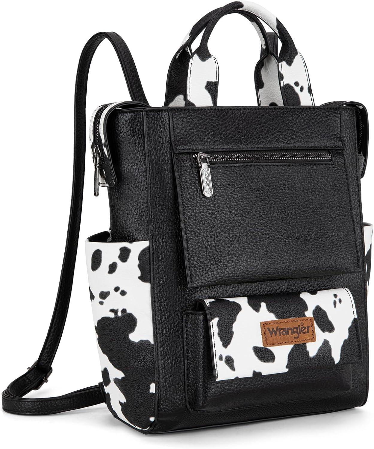 imageMontana West Wrangler Cow Print Backpack Purse for Women Vegan Leather Ladies Convertible Backpack Stylish Anti Theft Backpack with Adjustable StrapAclassic Black Print
