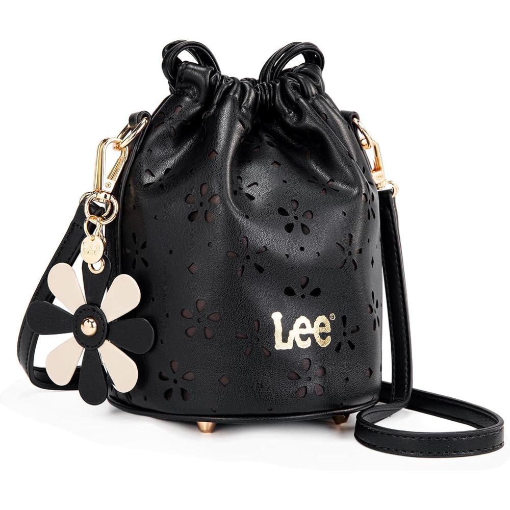 imageLEE Crossbody Bags for WomenLeather Bucket Bag with Detachable Strap Water Resistant Small Lightweight Bag for Work TravelBlack