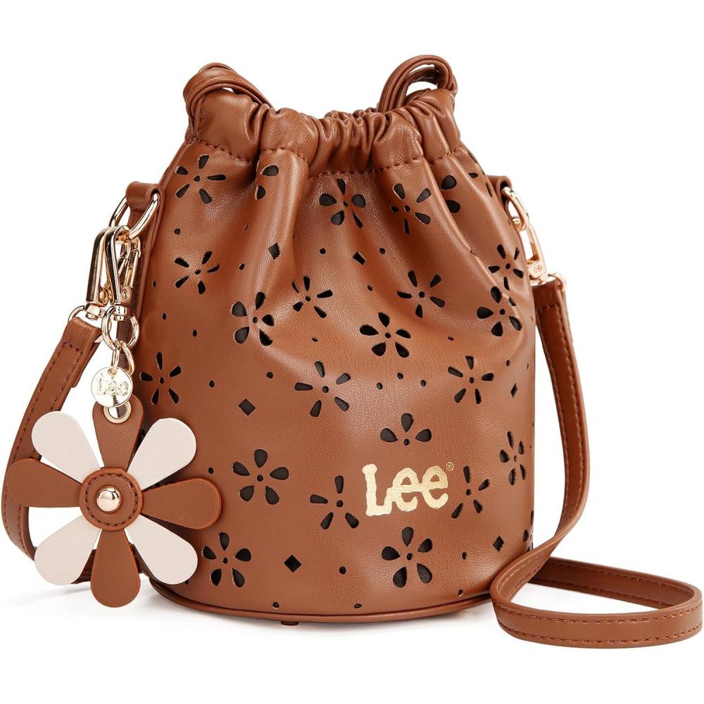 imageLEE Crossbody Bags for WomenLeather Bucket Bag with Detachable Strap Water Resistant Small Lightweight Bag for Work TravelBrown