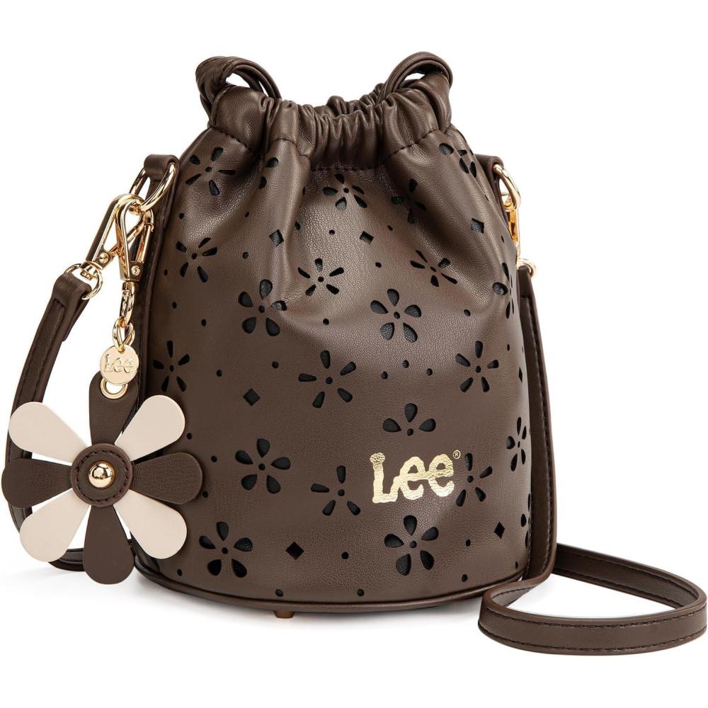 imageLEE Crossbody Bags for WomenLeather Bucket Bag with Detachable Strap Water Resistant Small Lightweight Bag for Work TravelCoffee
