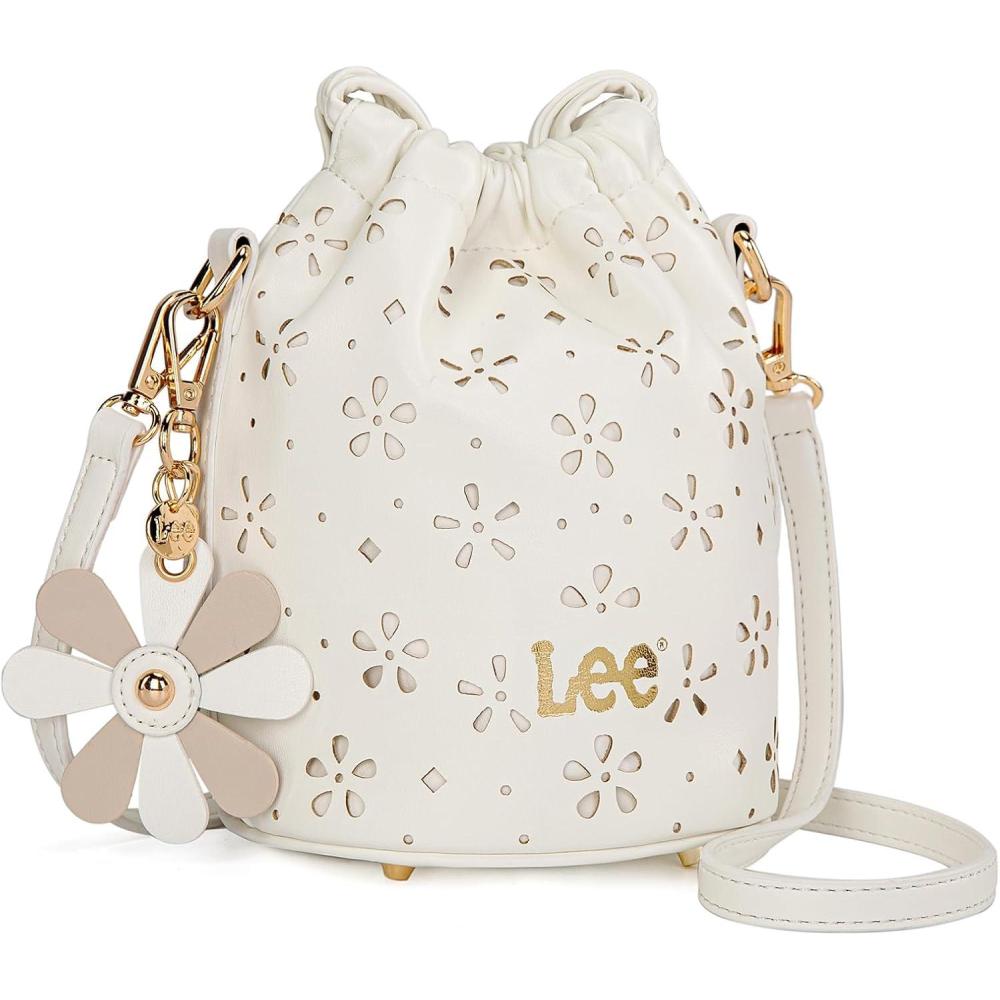 imageLEE Crossbody Bags for WomenLeather Bucket Bag with Detachable Strap Water Resistant Small Lightweight Bag for Work TravelOffwhite