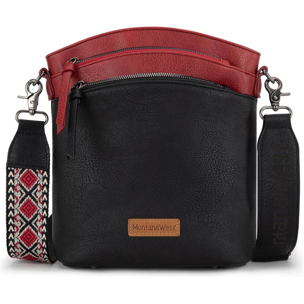 imageMontana West Multi Zip Pocket Large Crossbody Bag With Guitar StrapBlackred