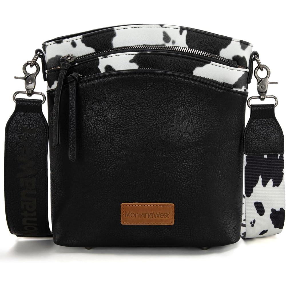 imageMontana West Multi Zip Pocket Large Crossbody Bag With Guitar StrapClassic Cow Black