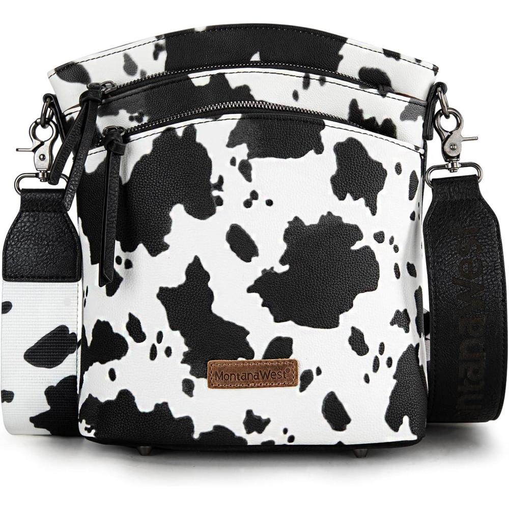 imageMontana West Multi Zip Pocket Large Crossbody Bag With Guitar StrapClassic Cow Pattern Black