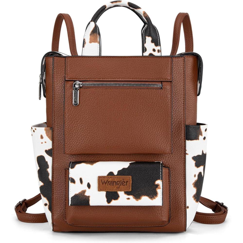 imageMontana West Wrangler Cow Print Backpack Purse for Women Vegan Leather Ladies Convertible Backpack Stylish Anti Theft Backpack with Adjustable StrapA Classic Browncow Print