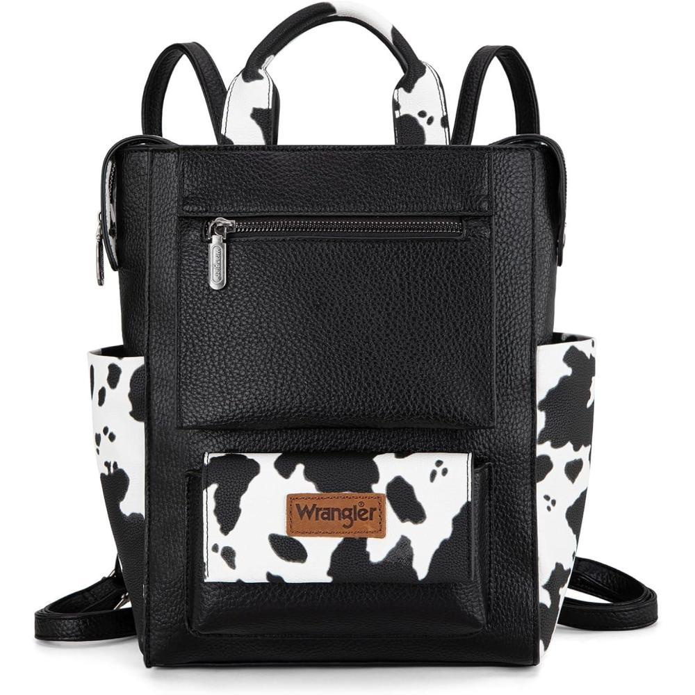 imageMontana West Wrangler Cow Print Backpack Purse for Women Vegan Leather Ladies Convertible Backpack Stylish Anti Theft Backpack with Adjustable StrapAclassic Black Print