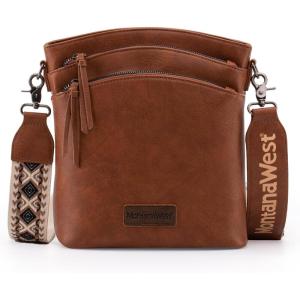 Montana West Multi Zip Pocket Large Crossbody Bag With Guitar Strap(A Classic Dark Brown)