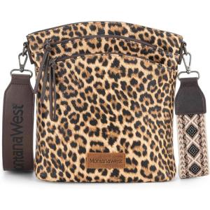 Montana West Multi Zip Pocket Large Crossbody Bag With Guitar Strap(A Classic Leopard Pattern)