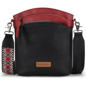 Montana West Multi Zip Pocket Large Crossbody Bag With Guitar Strap(Black-red)