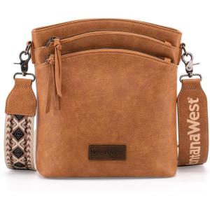 Montana West Multi Zip Pocket Large Crossbody Bag With Guitar Strap(Classic Brown)