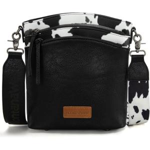 Montana West Multi Zip Pocket Large Crossbody Bag With Guitar Strap(Classic Cow Black)