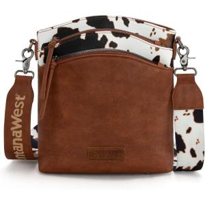 Montana West Multi Zip Pocket Large Crossbody Bag With Guitar Strap(Classic Cow Brown)