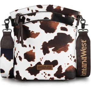 Montana West Multi Zip Pocket Large Crossbody Bag With Guitar Strap(Classic Cow Pattern)