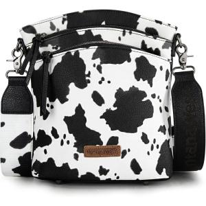 Montana West Multi Zip Pocket Large Crossbody Bag With Guitar Strap(Classic Cow Pattern Black)