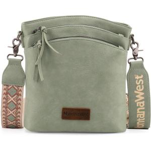 Montana West Multi Zip Pocket Large Crossbody Bag With Guitar Strap(Classic Green)
