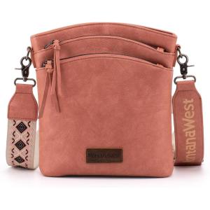 Montana West Multi Zip Pocket Large Crossbody Bag With Guitar Strap(Classic Pink)