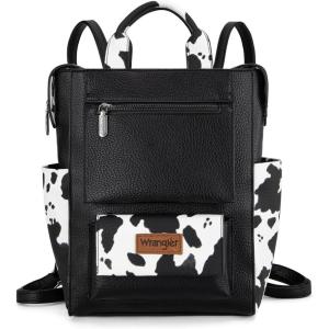 Montana West Wrangler Cow Print Backpack Purse for Women Vegan Leather Ladies Convertible Backpack Stylish Anti Theft Backpack with Adjustable Strap(A-classic Black Print)