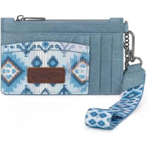 Montana West X Wrangler Credit Card Holders Slim Credit Card Holder Wallet Women RFID Card Holder Wallet Keychain Wristlet(Western Aztec-Jeans Blue)