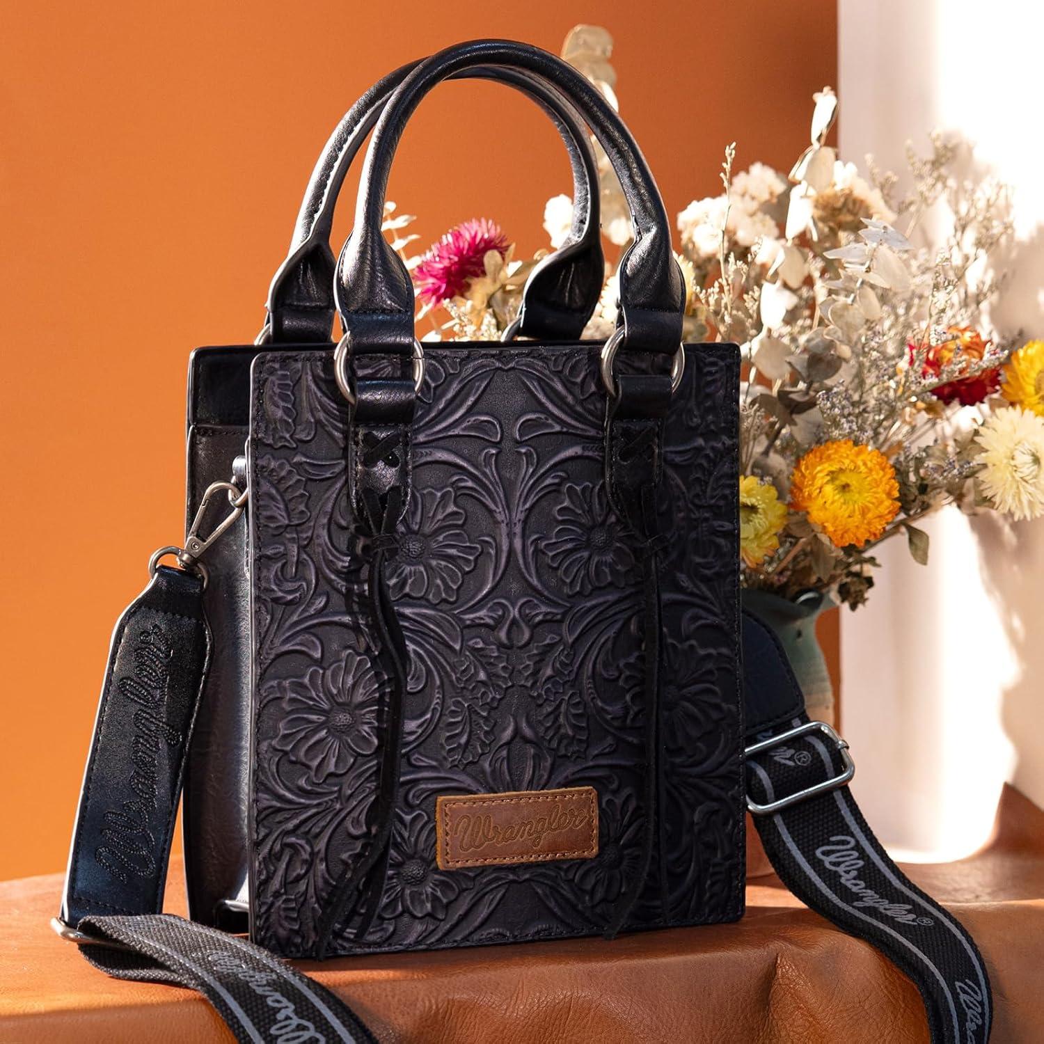 imageWrangler Embossed Crossbody Purse for Women Top Handle Fringe Handbags and Western Mini ToteAngel Black