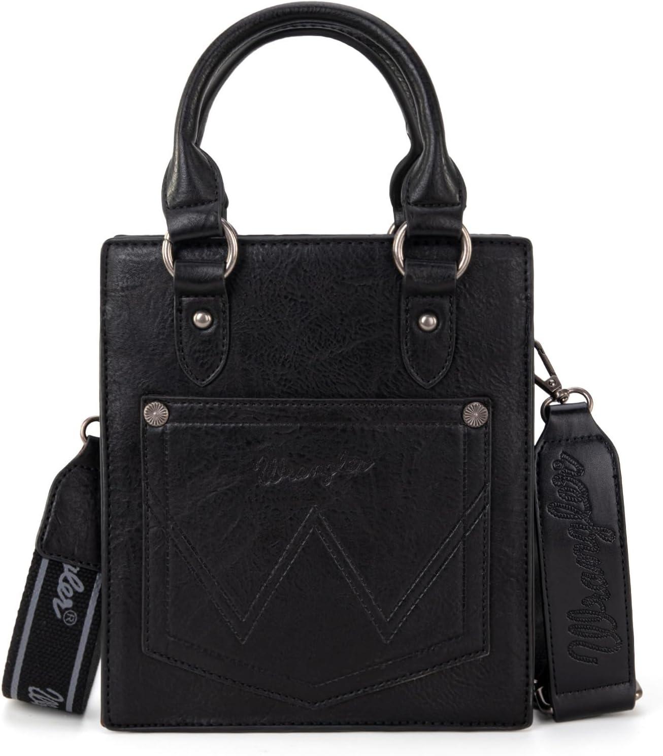 imageWrangler Embossed Crossbody Purse for Women Top Handle Fringe Handbags and Western Mini ToteAngel Black