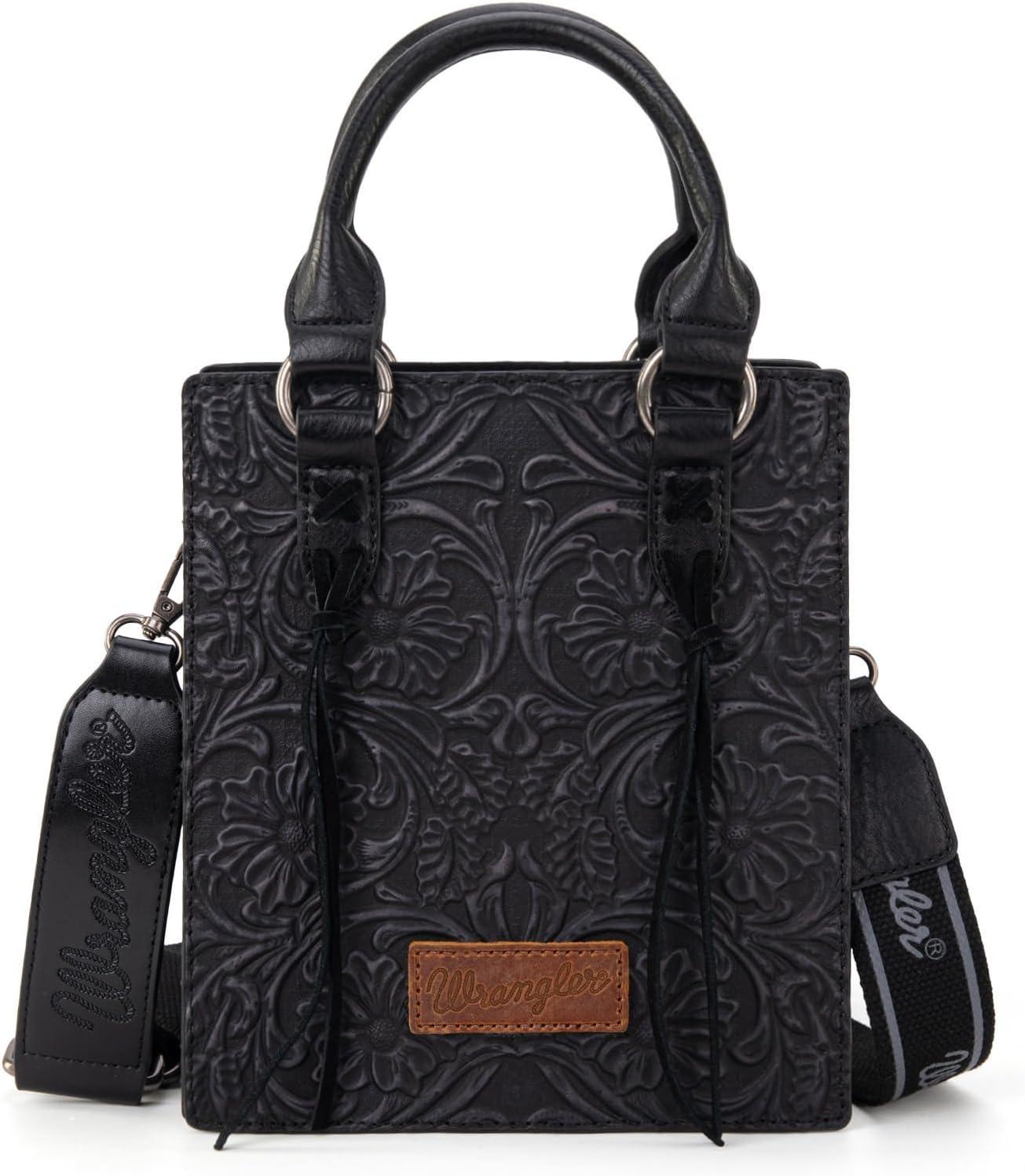 imageWrangler Embossed Crossbody Purse for Women Top Handle Fringe Handbags and Western Mini ToteAngel Black