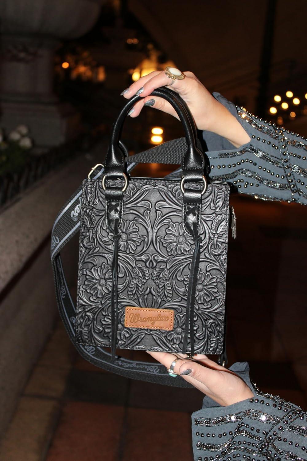 imageWrangler Embossed Crossbody Purse for Women Top Handle Fringe Handbags and Western Mini ToteAngel Black