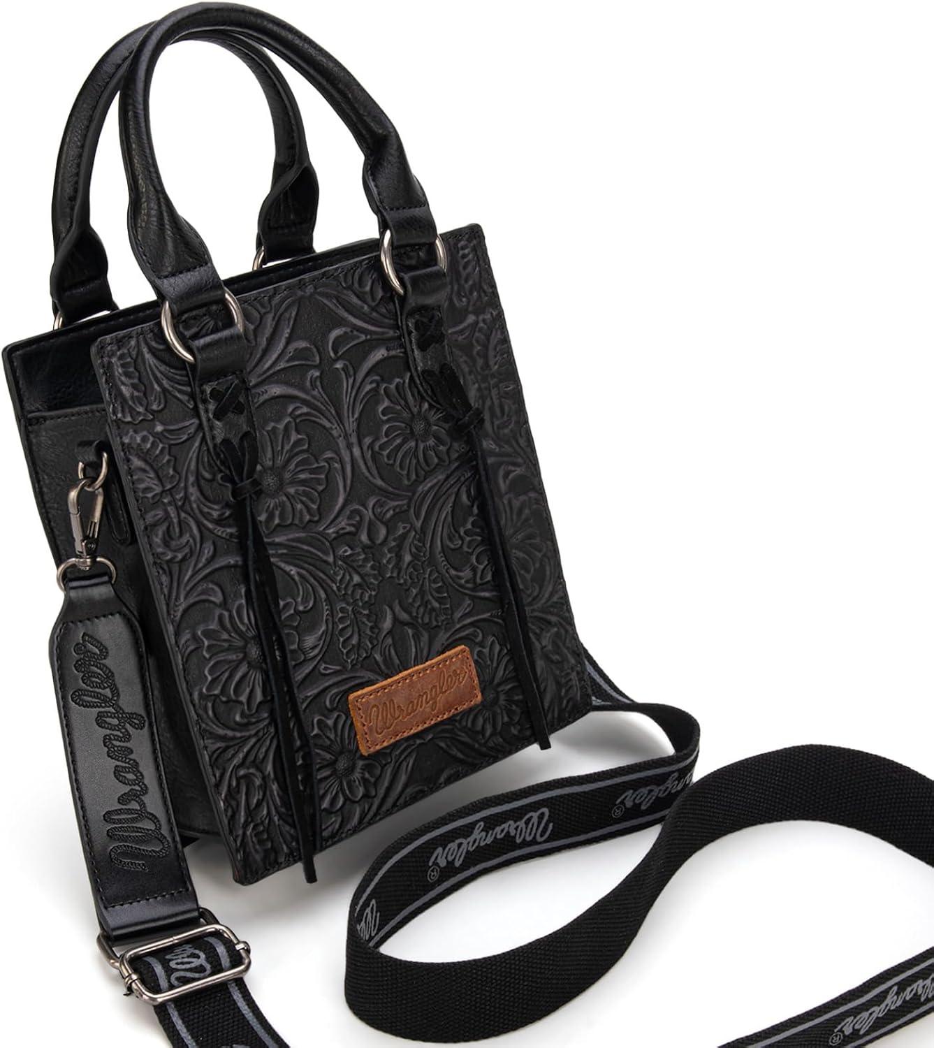 imageWrangler Embossed Crossbody Purse for Women Top Handle Fringe Handbags and Western Mini ToteAngel Black