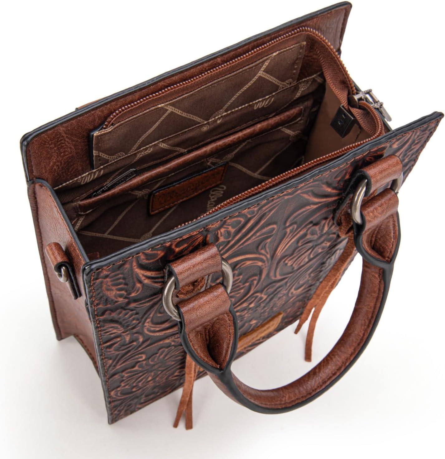 imageWrangler Embossed Crossbody Purse for Women Top Handle Fringe Handbags and Western Mini ToteAngel Brown