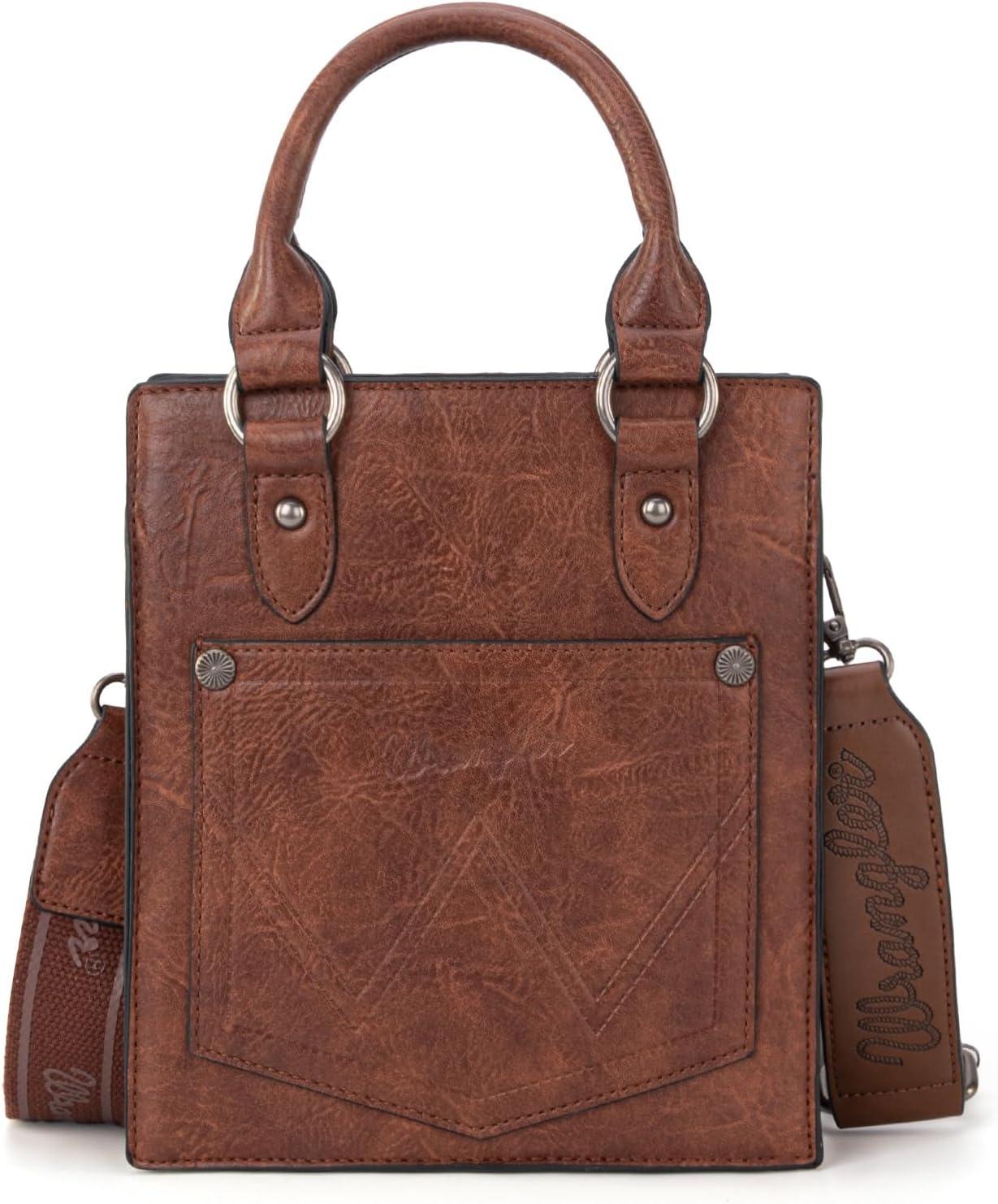 imageWrangler Embossed Crossbody Purse for Women Top Handle Fringe Handbags and Western Mini ToteAngel Brown