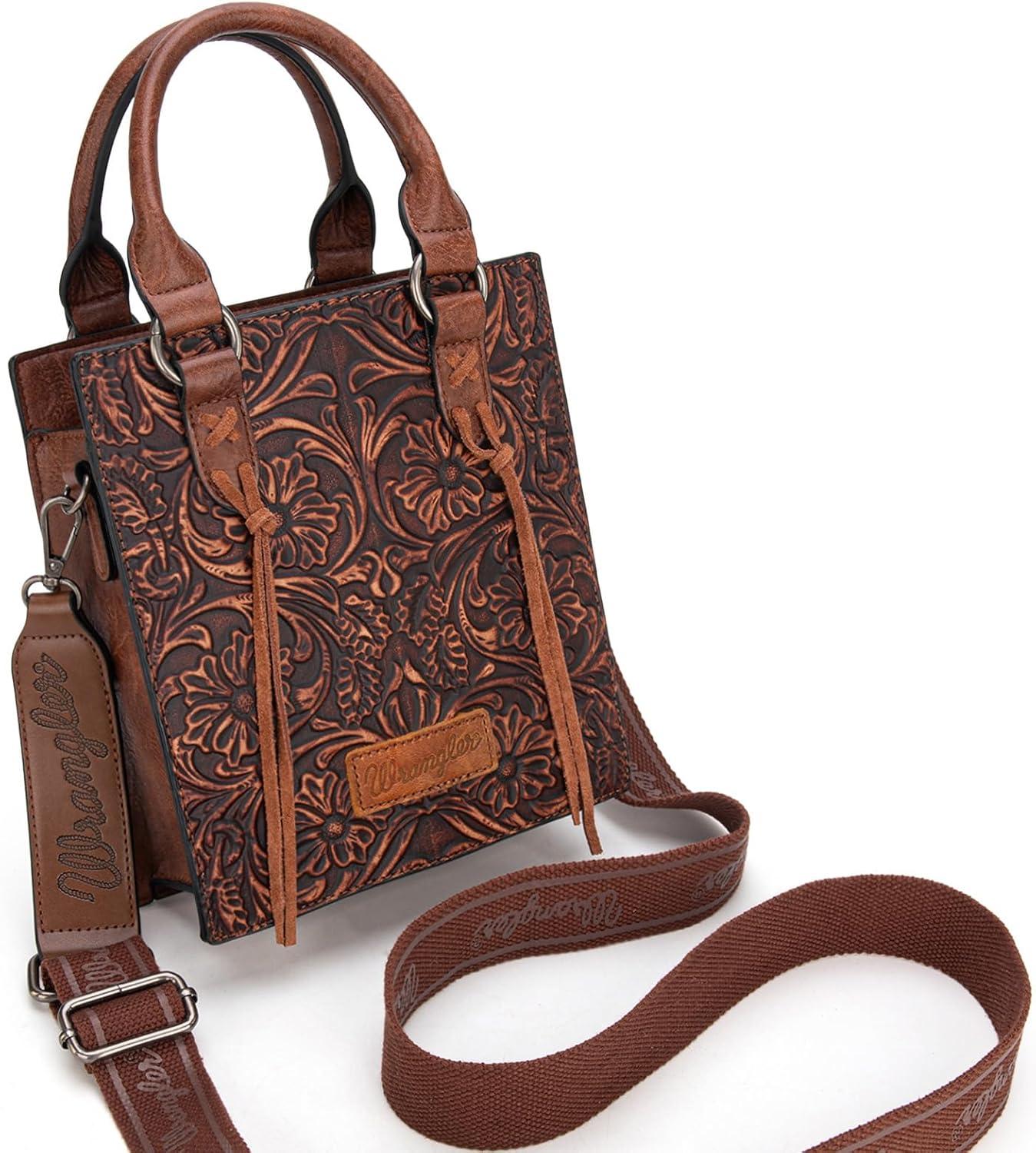 imageWrangler Embossed Crossbody Purse for Women Top Handle Fringe Handbags and Western Mini ToteAngel Brown