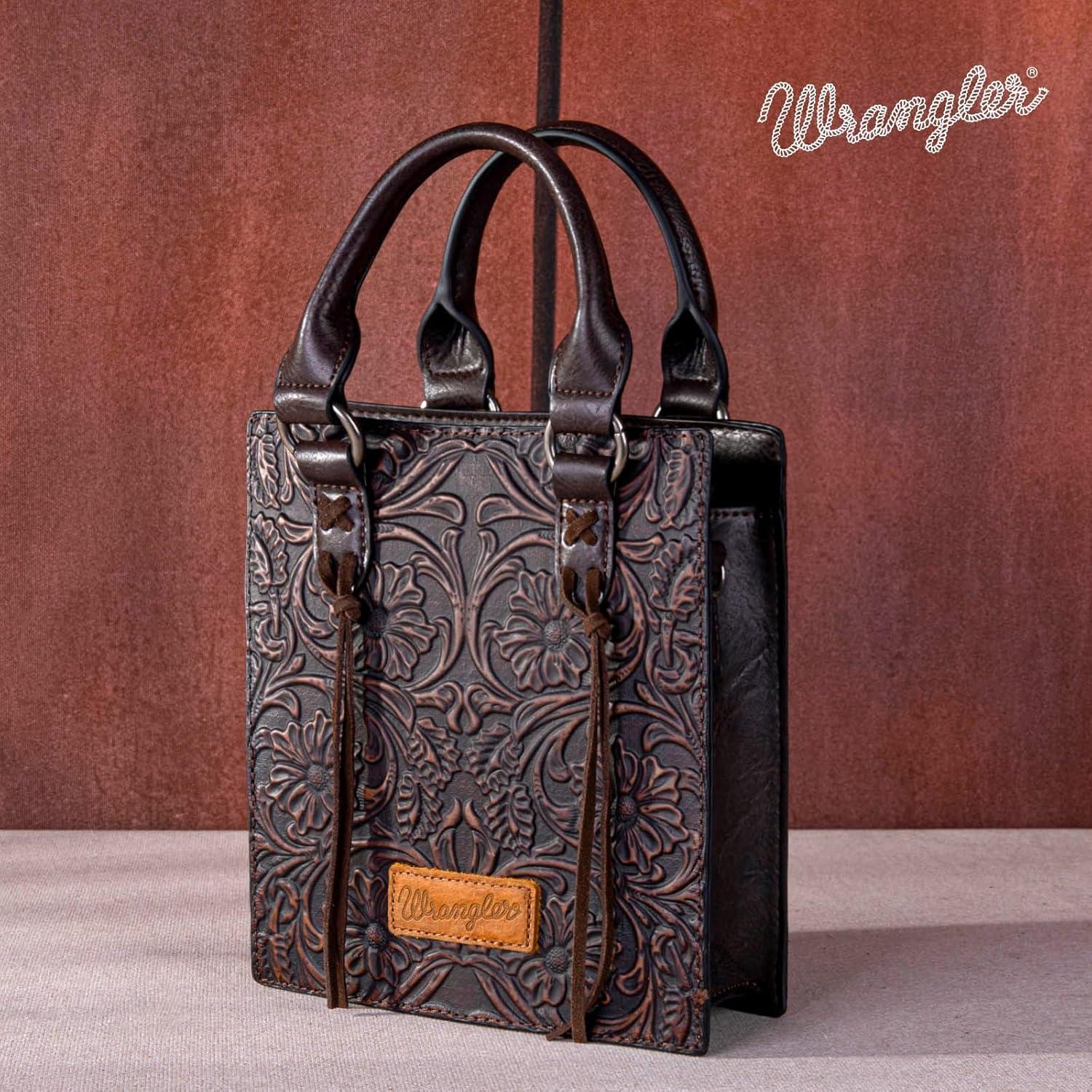 imageWrangler Embossed Crossbody Purse for Women Top Handle Fringe Handbags and Western Mini ToteAngel Coffee