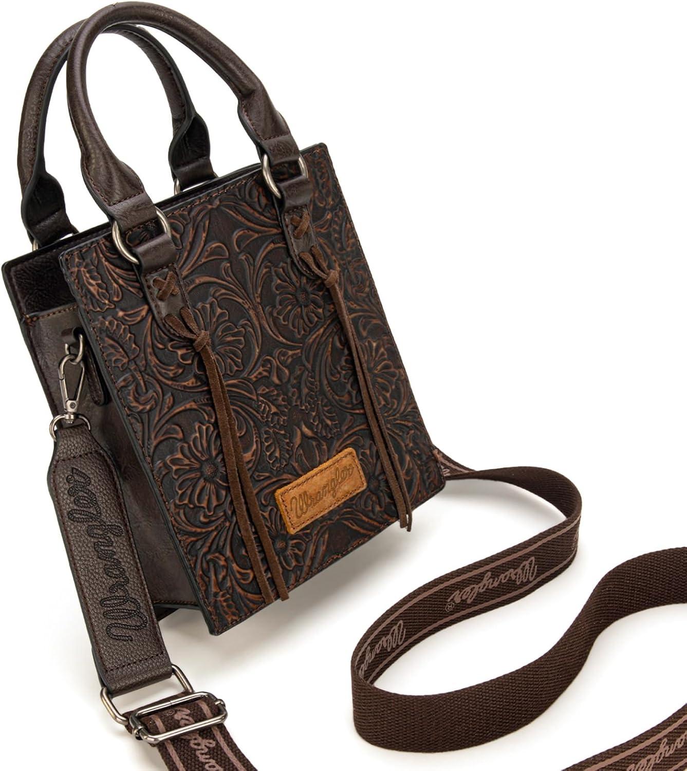 imageWrangler Embossed Crossbody Purse for Women Top Handle Fringe Handbags and Western Mini ToteAngel Coffee