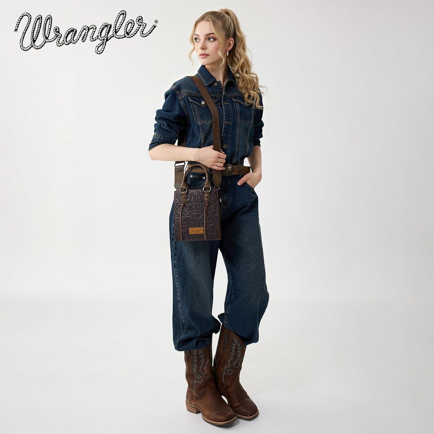 imageWrangler Embossed Crossbody Purse for Women Top Handle Fringe Handbags and Western Mini ToteAngel Coffee