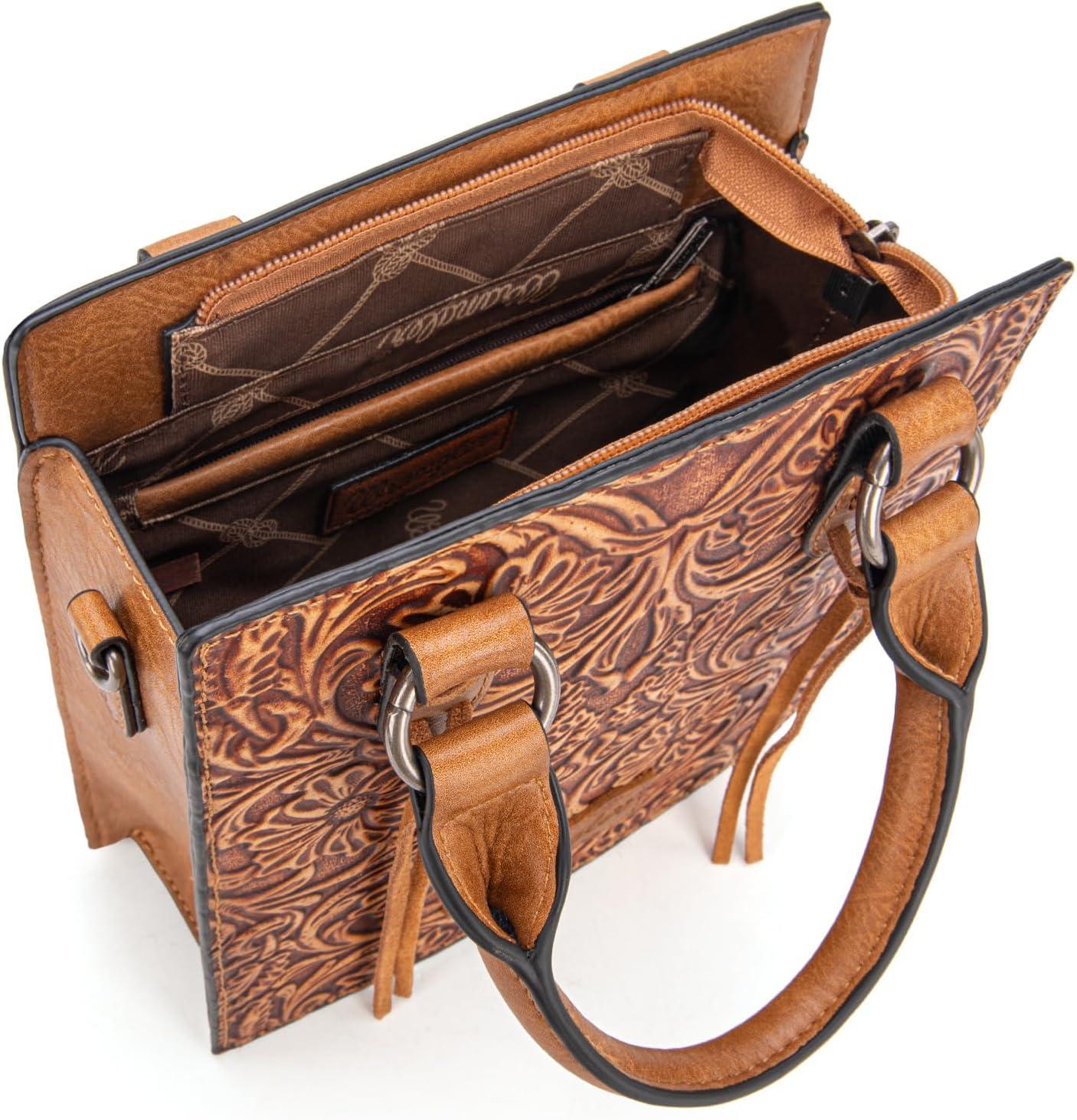 imageWrangler Embossed Crossbody Purse for Women Top Handle Fringe Handbags and Western Mini ToteAngel Light Brown