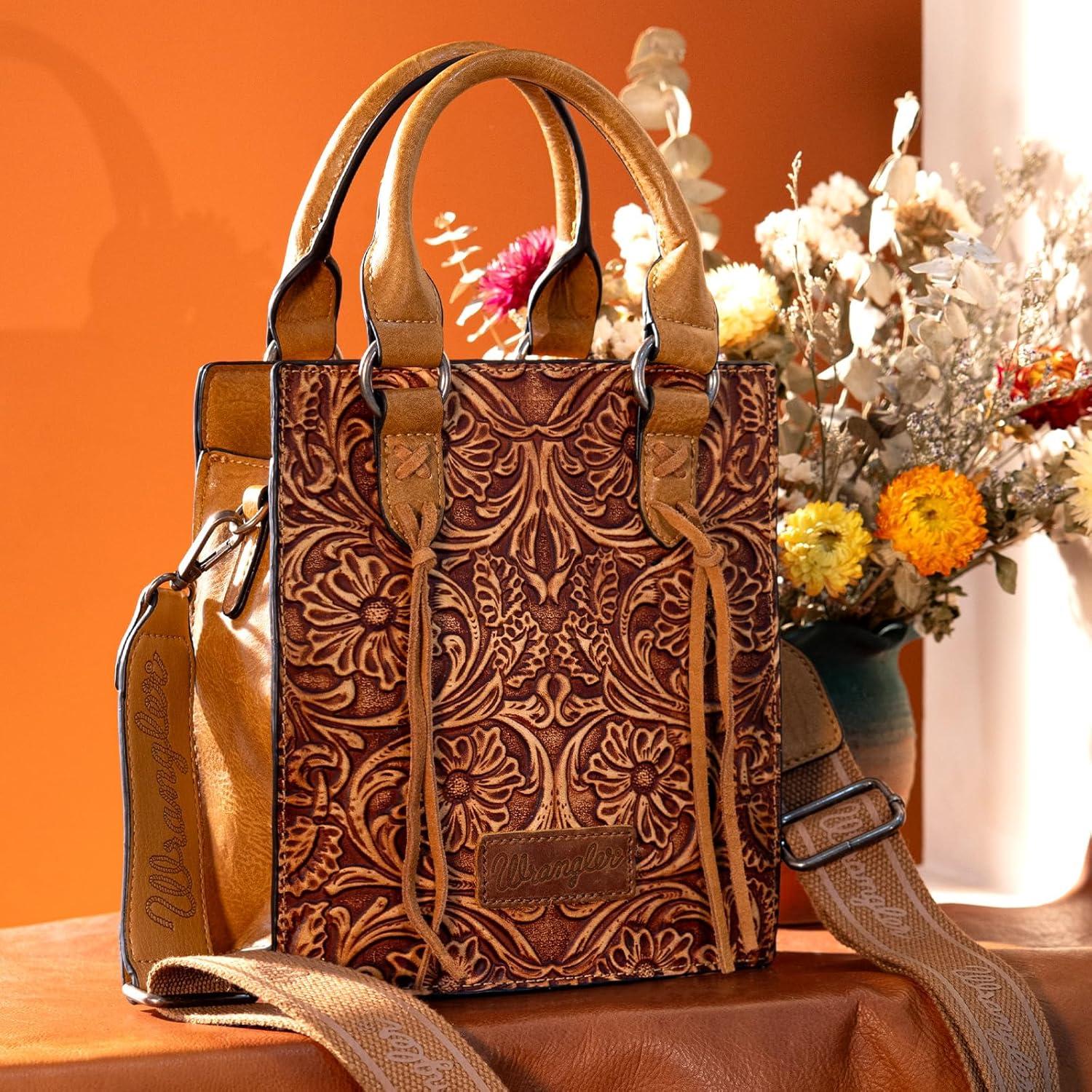 imageWrangler Embossed Crossbody Purse for Women Top Handle Fringe Handbags and Western Mini ToteAngel Light Brown
