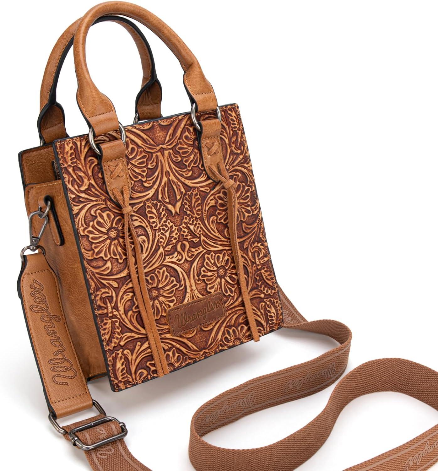 imageWrangler Embossed Crossbody Purse for Women Top Handle Fringe Handbags and Western Mini ToteAngel Light Brown