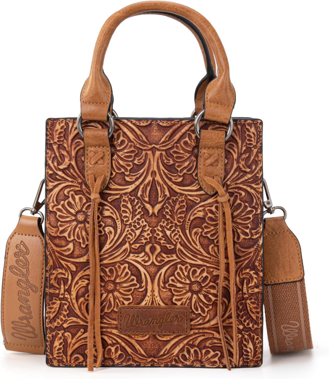 imageWrangler Embossed Crossbody Purse for Women Top Handle Fringe Handbags and Western Mini ToteAngel Light Brown