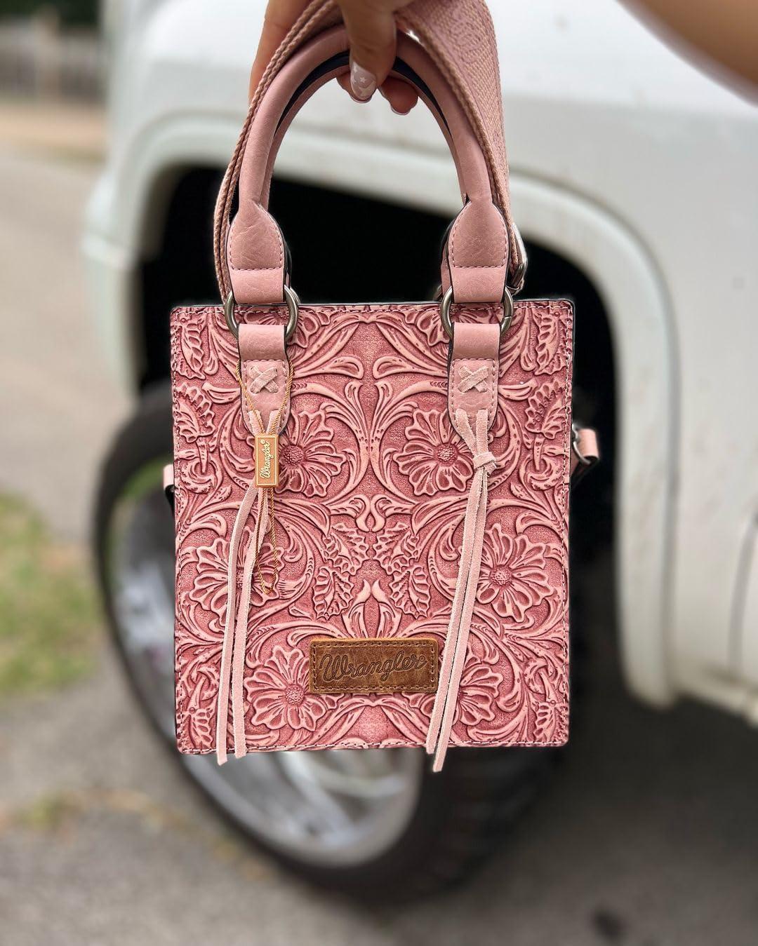 imageWrangler Embossed Crossbody Purse for Women Top Handle Fringe Handbags and Western Mini ToteAngel Pink