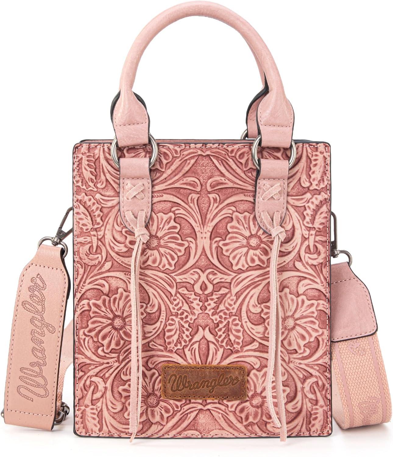 imageWrangler Embossed Crossbody Purse for Women Top Handle Fringe Handbags and Western Mini ToteAngel Pink
