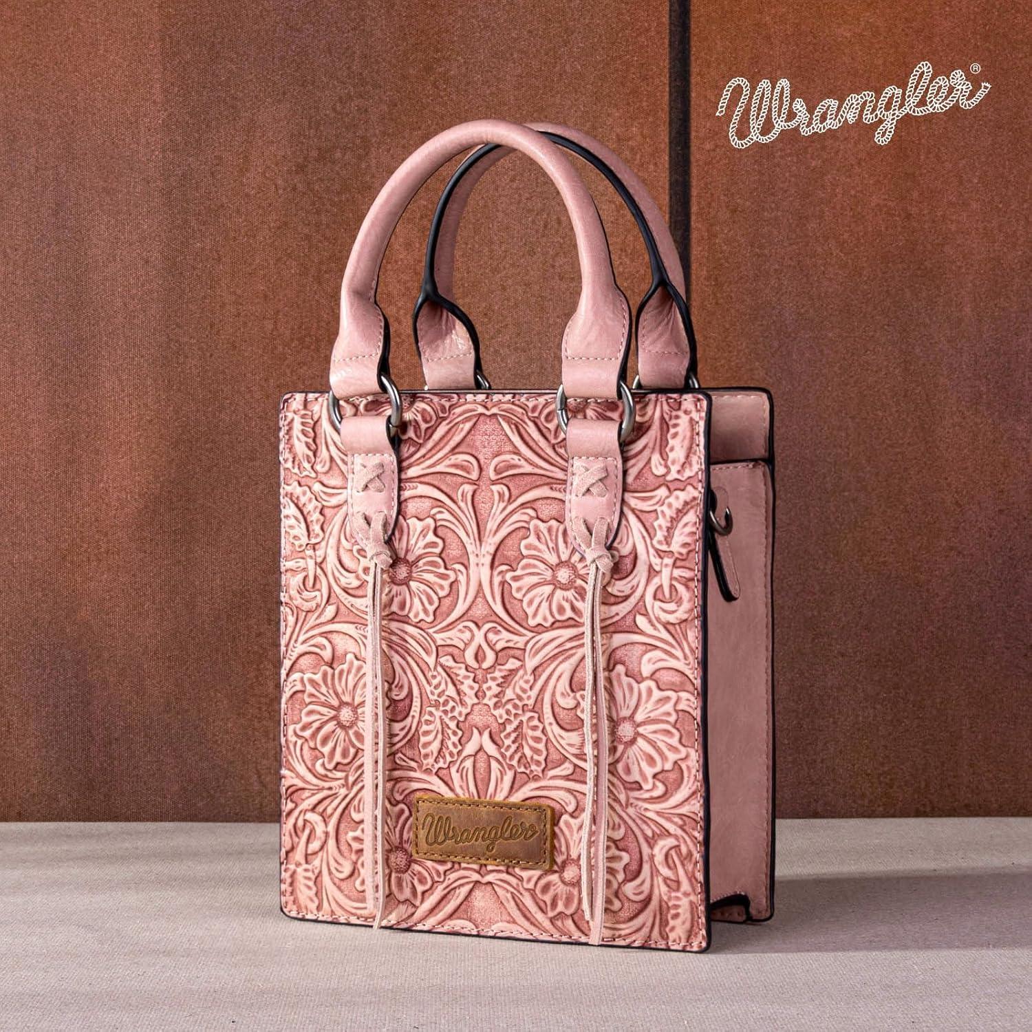 imageWrangler Embossed Crossbody Purse for Women Top Handle Fringe Handbags and Western Mini ToteAngel Pink