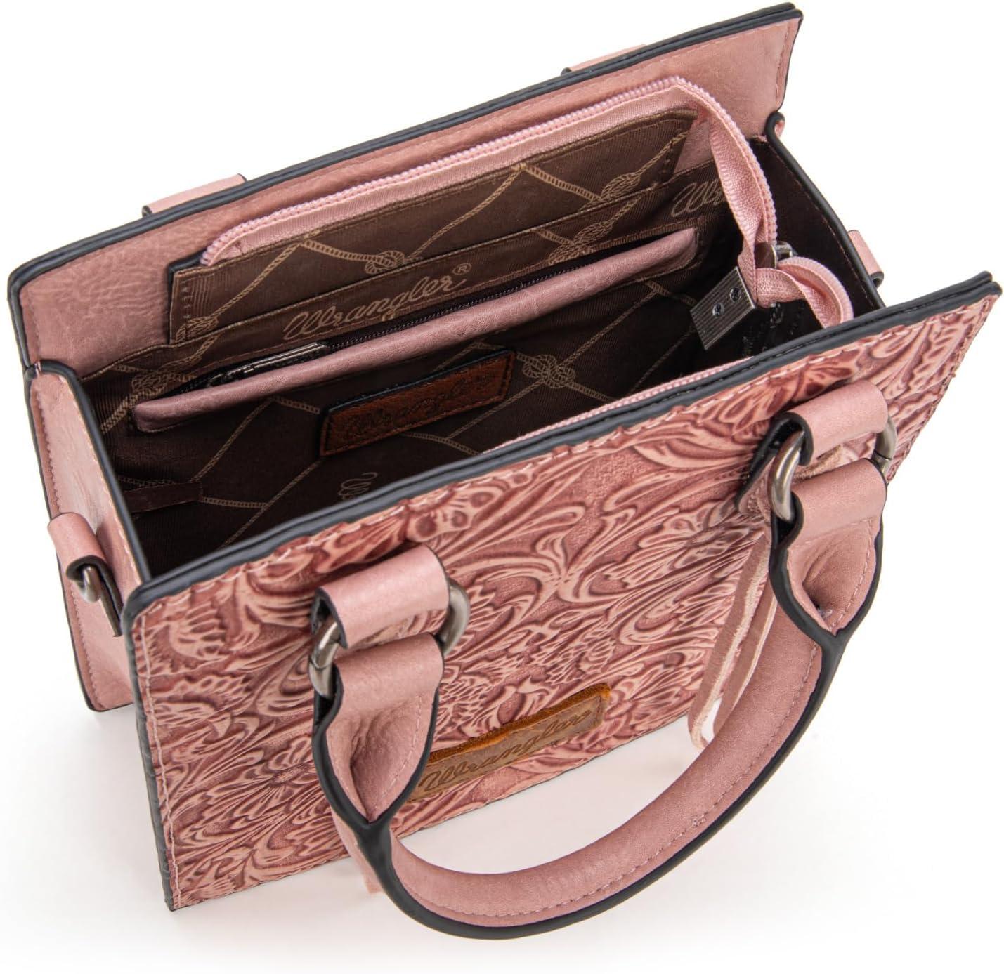 imageWrangler Embossed Crossbody Purse for Women Top Handle Fringe Handbags and Western Mini ToteAngel Pink