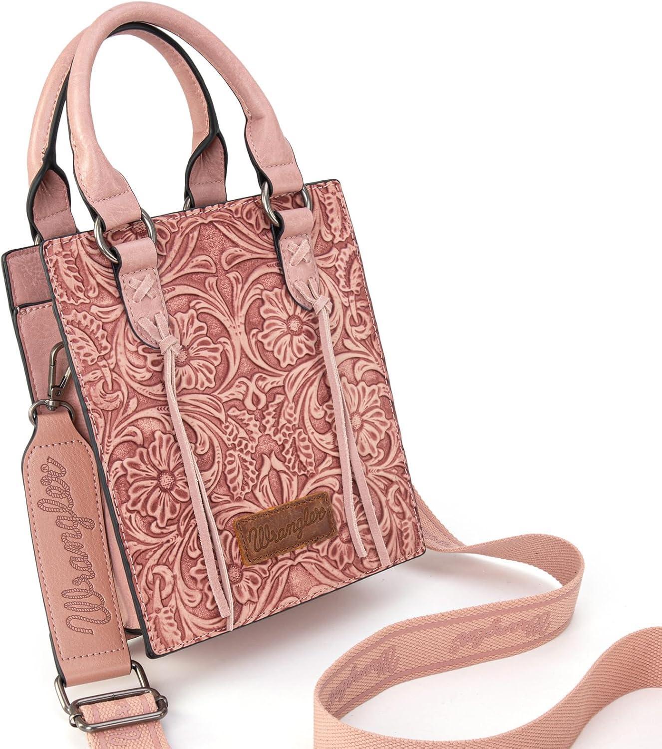 imageWrangler Embossed Crossbody Purse for Women Top Handle Fringe Handbags and Western Mini ToteAngel Pink